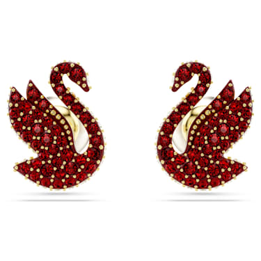 Swan düğme Küpeler, Kristal inci, Kuğu, Kırmızı, 18k altın rengi yüzey - Swarovski, 5677597