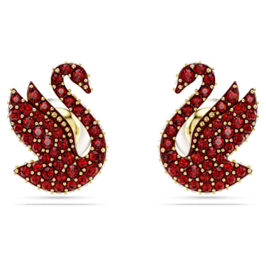 Swan 耳钉, 仿水晶珍珠, 天鹅, 红色, 镀金色调 - Swarovski, 5677597