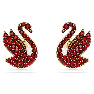 Swan düğme Küpeler, Kristal inci, Kuğu, Kırmızı, 18k altın rengi yüzey - Swarovski, 5677597