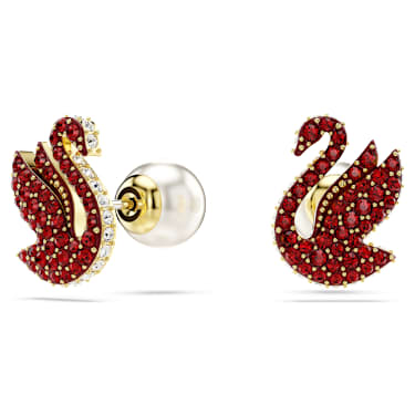 Swan 耳钉, 仿水晶珍珠, 天鹅, 红色, 镀金色调 - Swarovski, 5677597