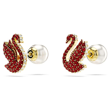 Swan 耳钉, 仿水晶珍珠, 天鹅, 红色, 镀金色调 - Swarovski, 5677597