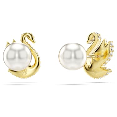 Swan 耳钉, 仿水晶珍珠, 天鹅, 红色, 金色饰面 - Swarovski, 5677597