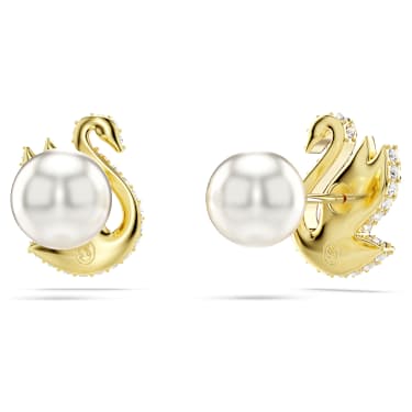 Swan 耳钉, 仿水晶珍珠, 天鹅, 红色, 镀金色调 - Swarovski, 5677597