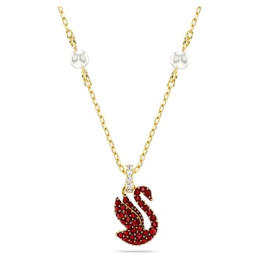 Swan 链坠, 仿水晶珍珠, 天鹅, 小号, 红色, 镀金色调 - Swarovski, 5677599