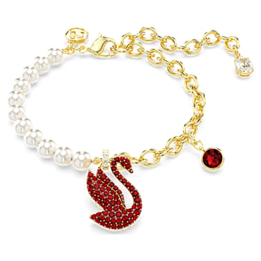Swan 手鏈, 水晶珍珠, 天鵝, 紅色, 鍍金（金色飾面） - Swarovski, 5677792