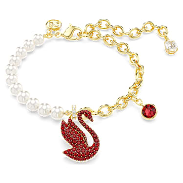 Swarovski Iconic Swan bracelet, Crystal pearl, Swan, Red, Gold-tone plated - Swarovski, 5677792