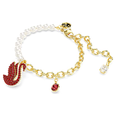 Swan bracelet, Crystal pearl, Swan, Red, 18K gold finish - Swarovski, 5677792