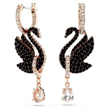 Swan drop earrings, Swan, Black, Rose gold-tone plated - Swarovski, 5678047