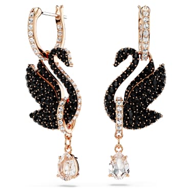 Swan 드롭 이어링, 스완, 블랙, 로즈골드 톤 플래팅 - Swarovski, 5678047