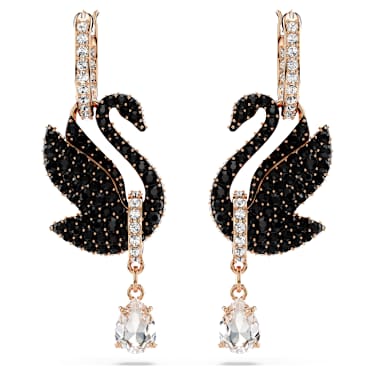 Pendientes Swan, Cisne, Negros, Acabado en oro rosa de 18 quilates - Swarovski, 5678047