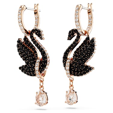 Brincos compridos Swan, Cisne, Pretos, Acabamento em ouro rosa de 18 quilates - Swarovski, 5678047