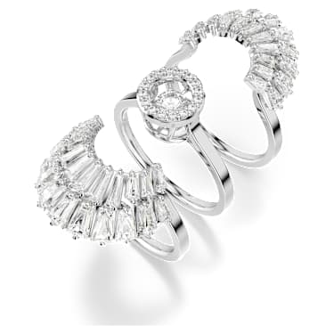 Idyllia ring, Set (3), Mixed cuts, Shell, White, Rhodium plated