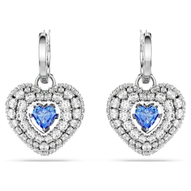 Brincos compridos Idyllia, Coração, Azuis, Lacado a ródio - Swarovski, 5680392