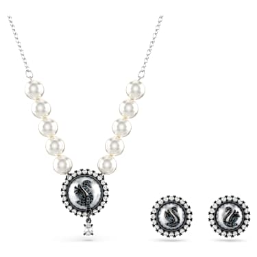 Swan set, Crystal pearl, Swan, Grey, Rhodium plated - Swarovski, 5680875