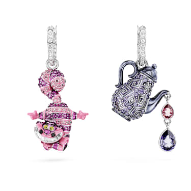 Alice in Wonderland 水滴形耳環, 非對稱設計, 貓咪和茶壺, 漸層色, 鍍白金色 - Swarovski, 5682806