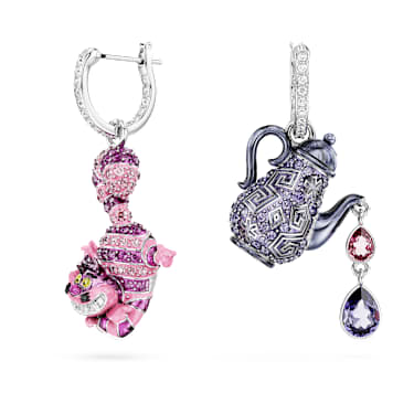Alice in Wonderland 水滴形耳環, 非對稱設計, 貓咪和茶壺, 漸層色, 鍍白金色 - Swarovski, 5682806