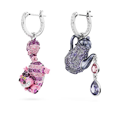 Alice in Wonderland 水滴形耳環, 非對稱設計, 貓咪和茶壺, 漸層色, 鍍白金色 - Swarovski, 5682806