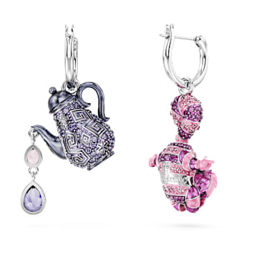 Alice in Wonderland 水滴形耳環, 非對稱設計, 貓咪和茶壺, 漸層色, 鍍白金色 - Swarovski, 5682806