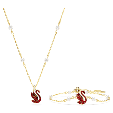 Swan 套裝, 水晶珍珠, 天鵝, 紅色, 18K 金飾面 - Swarovski, 5683933