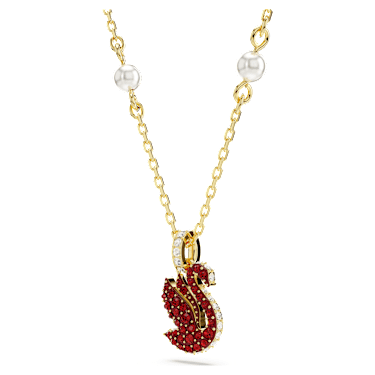 Swarovski Iconic Swan set, Crystal pearl, Swan, Red, Gold-tone plated - Swarovski, 5683933
