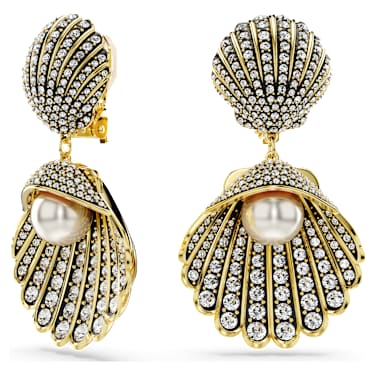 Idyllia 클립 이어링, 크리스털 펄, 조개, 화이트, 골드 톤 플래팅 - Swarovski, 5683946