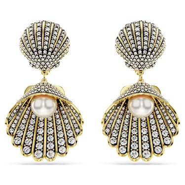 Idyllia 클립 이어링, 크리스털 펄, 조개, 화이트, 골드 톤 플래팅 - Swarovski, 5683946