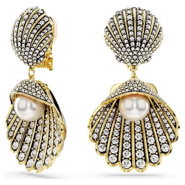 Idyllia 클립 이어링, 크리스털 펄, 조개, 화이트, 골드 톤 플래팅 - Swarovski, 5683946
