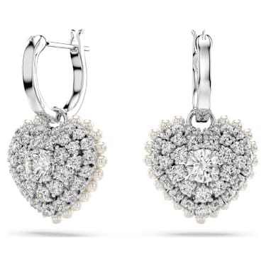Brincos compridos Idyllia, Crystal Pearl, Coração, Branco, Lacado a ródio - Swarovski, 5684384