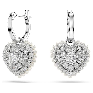 Viseči uhani Idyllia, Kristalni biser, Srce, Beli, Prevleka iz rodija - Swarovski, 5684384
