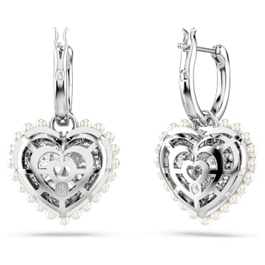 Orecchini pendenti Idyllia, Crystal Pearl, Cuore, Bianchi, Placcato rodio - Swarovski, 5684384