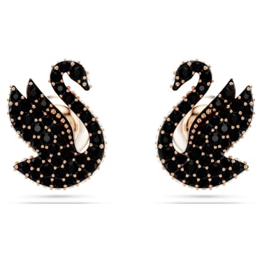 Pendientes de botón Swan, Perla de cristal, Cisne, Negros, Acabado en oro rosa de 18 quilates - Swarovski, 5684608