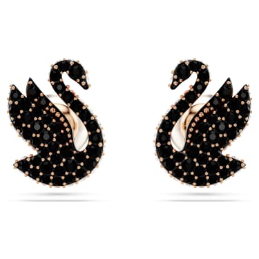 Swan 耳钉, 仿水晶珍珠, 天鹅, 黑色, 镀玫瑰金色调 - Swarovski, 5684608