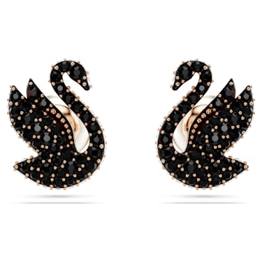 Swan stud earrings, Crystal pearl, Swan, Black, 18K rose gold finish - Swarovski, 5684608