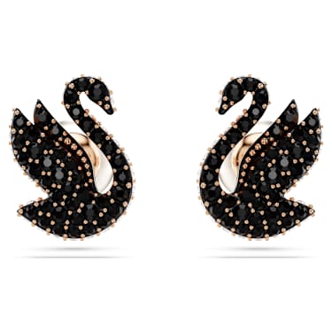 Swarovski Swan 耳钉, 仿水晶珍珠, 天鹅, 黑色, 镀玫瑰金色调 - Swarovski, 5684608