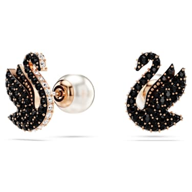 Swarovski Swan 耳钉, 仿水晶珍珠, 天鹅, 黑色, 镀玫瑰金色调 - Swarovski, 5684608