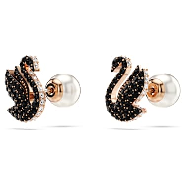 Swan stud earrings, Crystal pearl, Swan, Black, 18K rose gold finish - Swarovski, 5684608