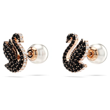 Swarovski Swan stud earrings, Swan, Black, Rose gold-tone plated ...