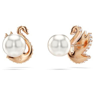 Clous d'oreilles Swan, Perle de cristal, Cygne, Noires, Placage de ton or rosé - Swarovski, 5684608