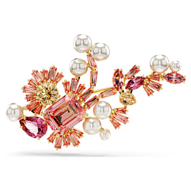 Gema bross, Kristálygyöngy, Vegyes metszés, Virág, Rózsaszín, 18 kt-os aranybevonat - Swarovski, 5688478