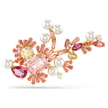 Broška Gema, Kristalni biser, Mešani rezi, Roža, rožnati, PVD zlatega odtenka - Swarovski, 5688478