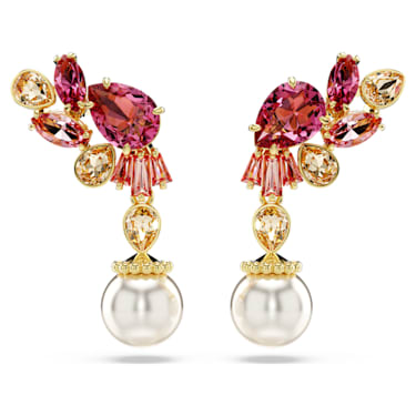 Gema drop earrings, Mixed cuts, Crystal pearls, Flower, Pink, Gold-tone ...