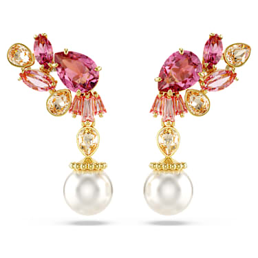 Viseči uhani Gema, Mešani rezi, Kristalni biseri, Roža, Roza, PVD zlatega odtenka - Swarovski, 5688486