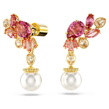 Viseči uhani Gema, Mešani rezi, Kristalni biseri, Roža, Roza, PVD zlatega odtenka - Swarovski, 5688486