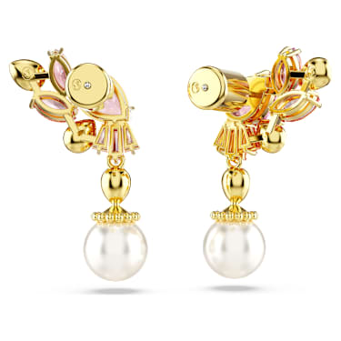 Viseči uhani Gema, Mešani rezi, Kristalni biseri, Roža, Roza, PVD zlatega odtenka - Swarovski, 5688486