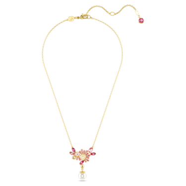 Gema pendant, Mixed cuts, Crystal pearl, Flower, Pink, Gold-tone 