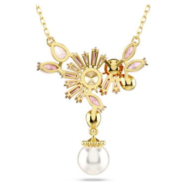 Gema pendant, Mixed cuts, Crystal pearl, Flower, Pink, Gold-tone 