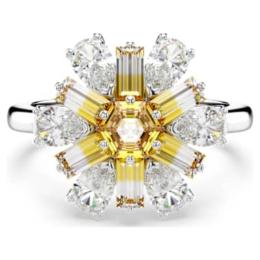 Idyllia cocktail ring, Mixed cuts, Flower, Yellow, Rhodium plated - Swarovski, 5689087