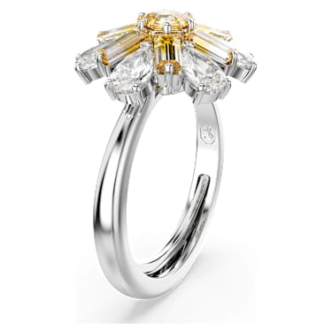 Idyllia cocktail ring, Mixed cuts, Flower, Yellow, Rhodium plated - Swarovski, 5689087