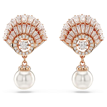 Viseči uhani Idyllia, Kristalni biser, Školjka, Beli, V videzu rožnatega zlata 18K - Swarovski, 5689196