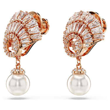Brincos compridos Idyllia, Crystal Pearl, Concha, Branco, Lacado a rosa dourado - Swarovski, 5689196